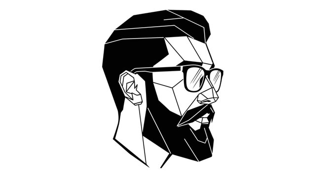 Geometric Hipster Man Profile, Black and White Low Poly Illustration with Glasses and Beard