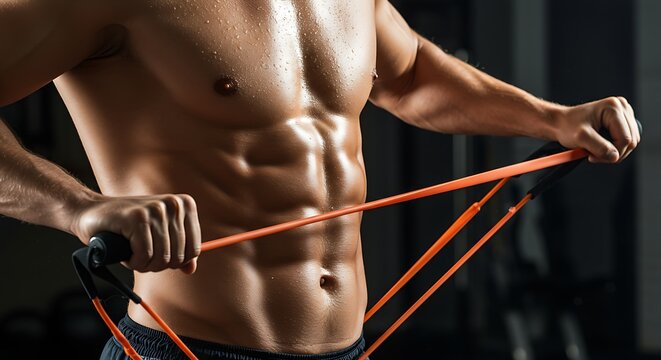 Man working out with resistance band showing muscular physique in studio