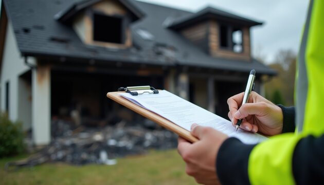 Person in safety vest writes on clipboard near burnt house. Assessor checks fire damage structure. Insurance claim process after disaster, home reconstruction overview.