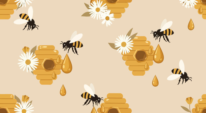 Seamless pattern design featuring bees, honeycombs, daisies, and honey droplets creating a sweet