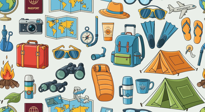 Seamless pattern featuring travel and tourism themed icons in a cartoon style drawing illustration
