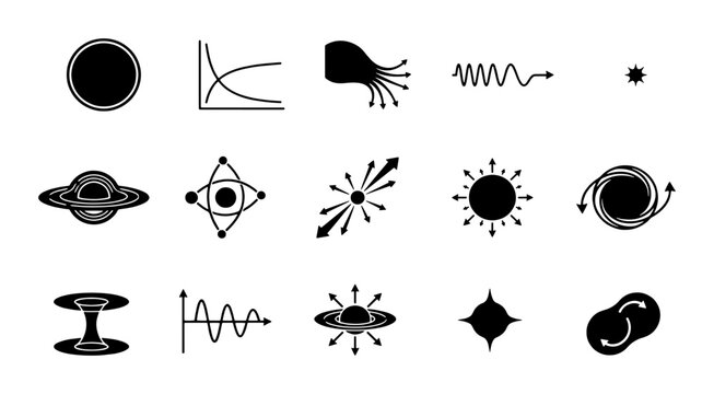 Quantum physics icons set, 15 black science vector elements, astrophysics and nuclear energy symbols, educational laboratory graphics