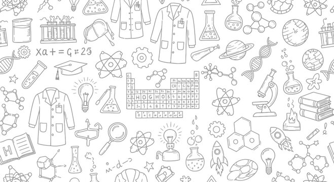Seamless pattern featuring science and education themed drawings suitable for background use