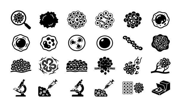 Cancer cell biology icon set, 24 medical oncology vector symbols, laboratory research and microscopic tumor analysis graphics