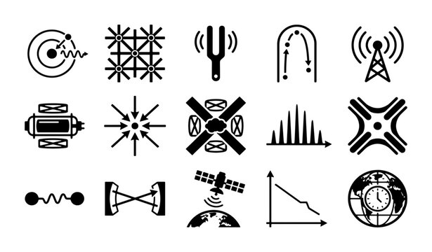 Physics and science icons set, 15 black vector symbols for laboratory research, quantum mechanics and wave theory illustrations