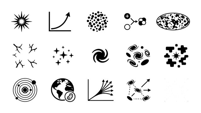 Cosmology and astrophysics icon set, 14 black science vector elements, astronomy symbols for big bang theory and space evolution research