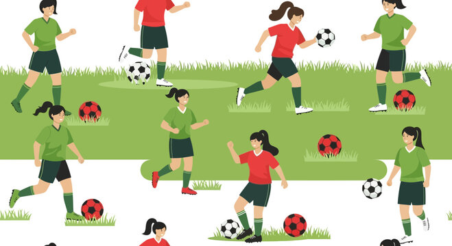 Seamless pattern illustration showcasing diverse group of women athletes playing soccer on a
