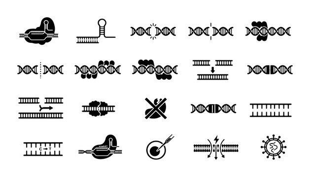 Genetic engineering icons set, DNA editing and CRISPR technology symbols, 20 black vector icons for biotechnology and genomic research
