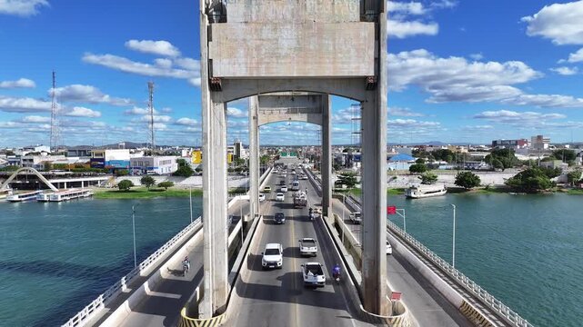 Dutra President Bridge At Juazeiro In Bahia Brazil. Downtown City. Beautiful Cityscape. Sao Francisco River Skyline. Dutra President Bridge At Juazeiro In Bahia Brazil. Freeway Road.