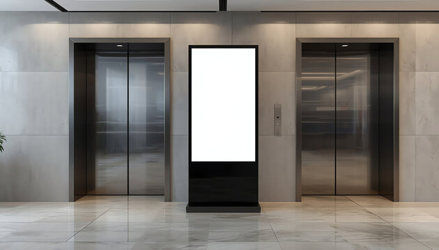 Blank Trade Show LCD Screen Stand as Template for Your Design near Modern Elevator or Lift with Metal Doors in Office Building. 3d Rendering 