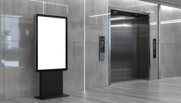 Blank Trade Show LCD Screen Stand as Template for Your Design near Modern Elevator or Lift with Metal Doors in Office Building. 3d Rendering 