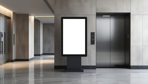 Blank Trade Show LCD Screen Stand as Template for Your Design near Modern Elevator or Lift with Metal Doors in Office Building. 3d Rendering 