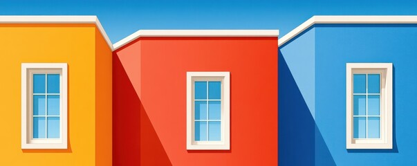 Naklejka premium Colorful minimalist row of buildings with three windows in bright red, yellow and blue facades