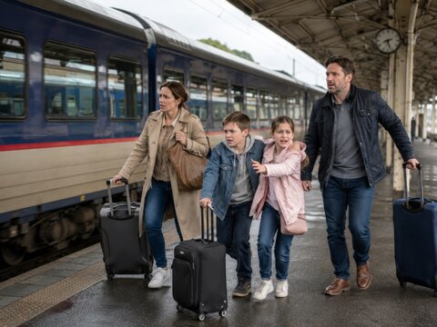 Family missed train at station with luggage