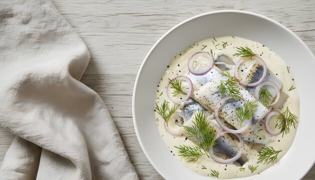 Traditional pickled herring in sour cream served in a white bowl with red onions and fresh dill on a wooden background for Nordic cuisine concept