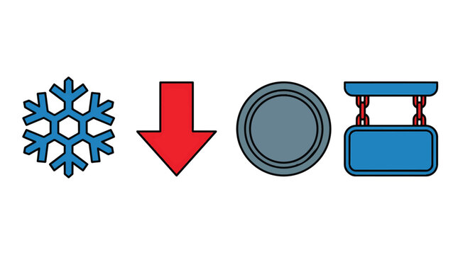 Set of colorful vector icons including snowflake red arrow circular plate and hanging blue sign.