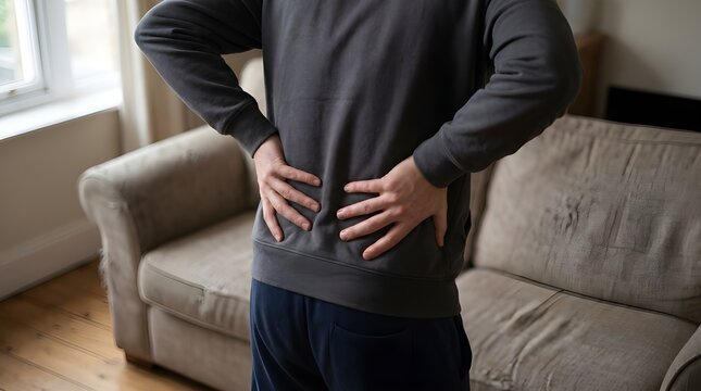 Lower back pain and spinal injury concept, man holding aching lumbar muscles in living room, chronic body ache and physical strain
