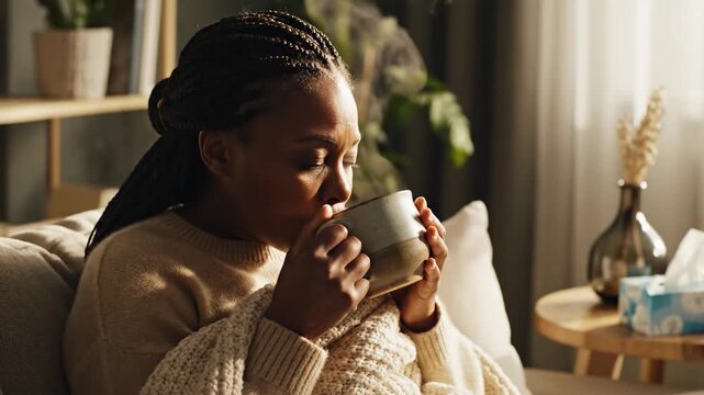 A young woman with braided hair cradles a warm mug, sipping a soothing beverage while feeling unwell and wrapped in a cozy blanket for comfort and relief from her symptoms at home