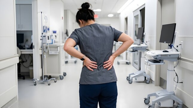 Exhausted nurse with back pain in hospital hallway, tired healthcare worker suffering from lower back ache, medical professional in scrubs with spinal injury