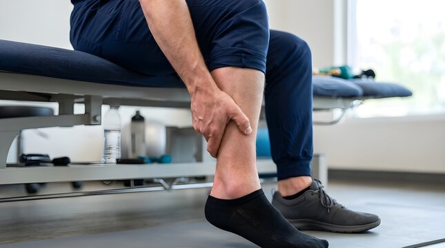 Leg pain and calf muscle injury, man holding aching lower leg in physical therapy clinic, sports injury rehabilitation and orthopedic recovery