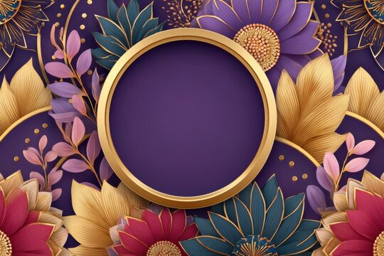 Elegant gold floral frame on purple background for luxury invitation and celebration designs