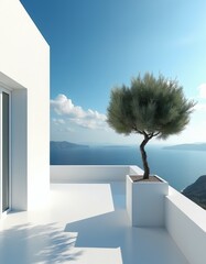 Obraz premium White balcony with green tree overlooks calm sea and mountains under bright blue sky. Minimalist modern architecture, seaside vacation view. Peaceful natural landscape background.