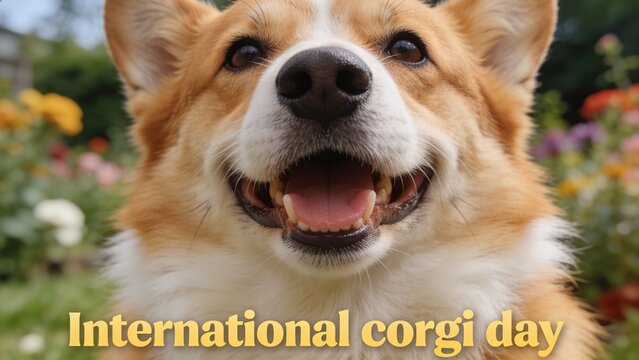 Corgi dog portrait smiling in garden for International Corgi Day. Happy pet outdoors in grass with flowers. Cute puppy face close up. Animal companion and domestic dog pet love.
