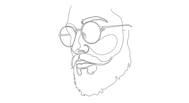 Minimalist line art portrait of a bearded man with round glasses, single line drawing, modern style