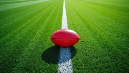 Obraz premium Red Australian Rules Football sits on a bright green field lined with white. The ball is centered on the line in a close-up shot on a sunny day.