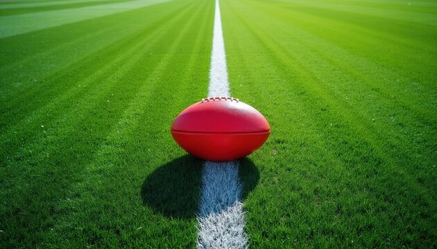 Red Australian Rules Football sits on a bright green field lined with white. The ball is centered on the line in a close-up shot on a sunny day.