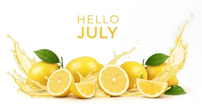 Hello July greeting text with fresh yellow lemons and dynamic juice splash on white background for summer season