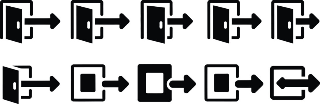 Exit icons display emergency building signage and logical navigation symbols.