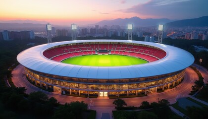 Obraz premium Modern soccer stadium with green field and red seats. Bright lights illuminate arena at dusk. City skyline with mountains visible beyond.