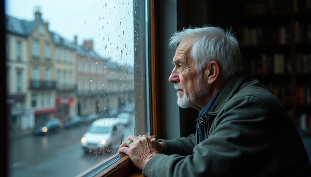Elderly man looks out window on rainy day. Senior sits alone inside home. He thinks about past, feels sad. Life goes on outside on wet street.