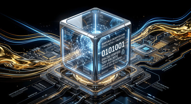 quantum computing, sha-256 encryption, 3d glassmorphism, platinum core, cyber security, cryptographic matrix, binary code, blockchain network, liquid gold, polished chrome, high tech dashboard, data v