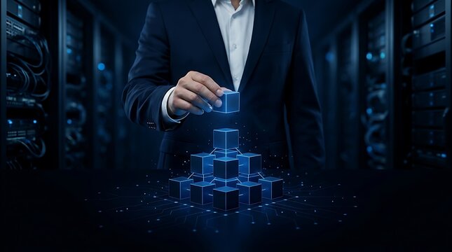 Businessman in dark suit carefully places glowing blue cube atop digital network structure in server room, symbolizing data management and system integration.