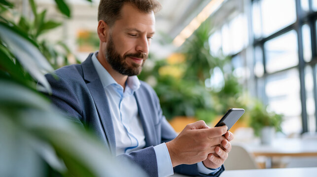 A European businessman viewed from the side organizes softly bright projects using a calm smartphone in a modern office in soft daylight, mobile organize, faceless side view,