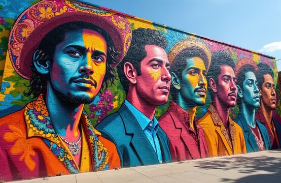 Vibrant mural displays diverse men in colorful attire. Street art features detailed portraits of individuals with unique hats and bold patterns, celebrating Hispanic culture. Art on brick wall.