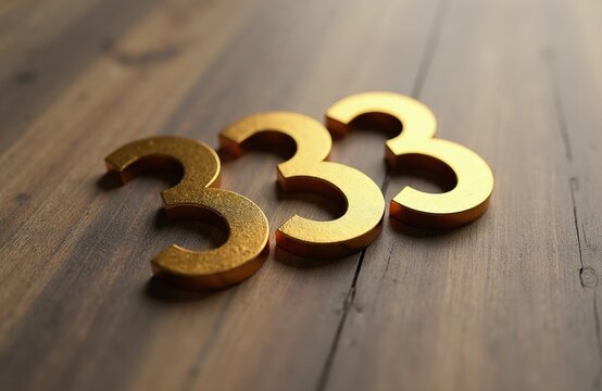 Golden numbers 333 rest on a textured wooden surface. The shiny metallic digits create a sense of luxury and value. This visual appeals to themes of achievement, progress, and abundance.