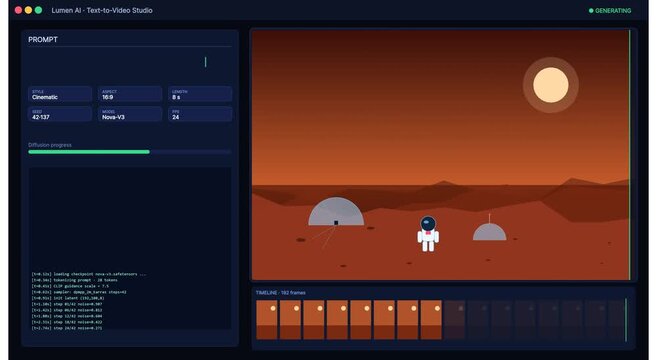 Astronaut on mars surface with habitat base, animation
