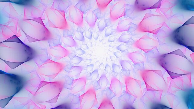 Dynamic fractal colorful pattern evolution with spiraling symmetry. Radiant pink and blue geometric transformation. Kaleidoscope animation of vivid geometric patterns and colors. 4K UHD 4096x2304