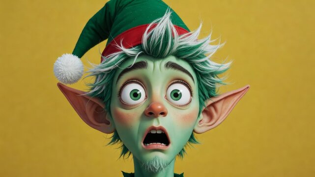 Christmas elf character wearing a green hat and showing a surprised expression on a yellow background