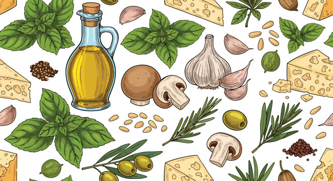 Mediterranean ingredient seamless pattern with olive oil cheese herbs and mushrooms