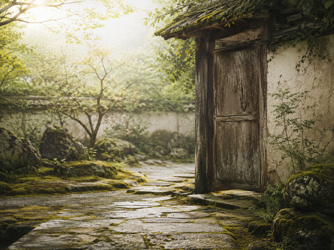 苔むした日本庭園と古い木戸のワビさび背景
