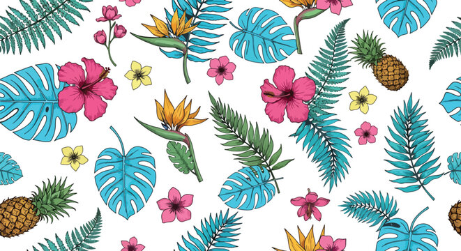 Tropical botanical seamless pattern with hibiscus monstera leaves and pineapples