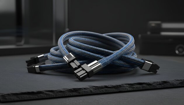 Premium custom sleeved modular power supply cables coiled on dark slate stone for high-end gaming pc build and hardware component customization concept