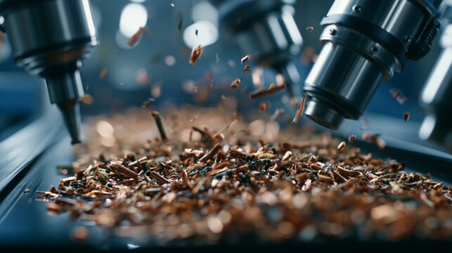Closeup medium shot of mixed copper wire offcuts moving on a sleek conveyor robotic arms sorting fragments under cinematic lighting in an advanced recycling plant with stainless