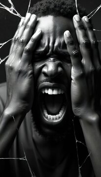 Black man screams in agony gripping his head tight. Frustration shows through shattered glass barrier. Intense emotion displayed with open mouth and wrinkled brow.