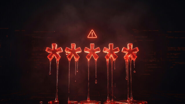 Glowing Red Melting Password Symbols Beneath a Radiant Warning Triangle Symbolizing Data Breach and Security Risk Perfect for Technology Advertising Presentation and Website Background