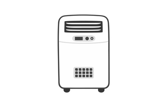 White portable AC unit with black vents, control panel and wheels, front view vector illustration isolated on transparent background for home cooling, climate appliance, ventilation designs